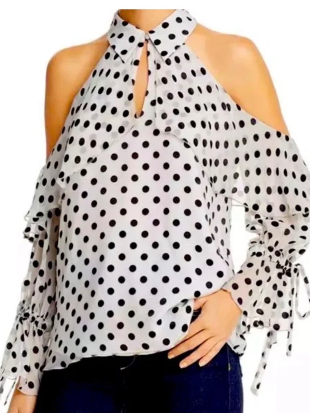 Alice + Olivia Polka Dot Cold Shoulder Silk Blouse Top M